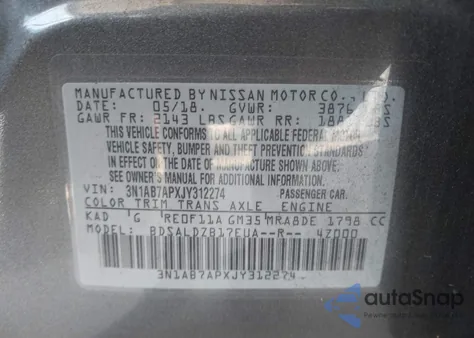 2018 Nissan Sentra Sv z USA, uszkodzony, nr VIN 3N1AB7APXJY312274